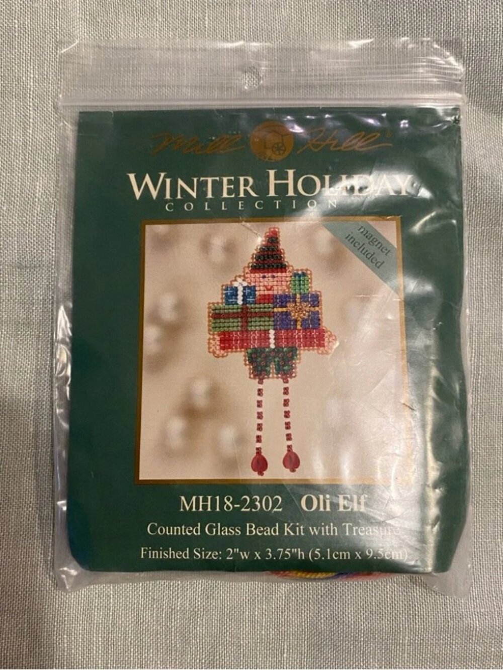 NWT 3.75" Mill Hill Oli the Elf cross stitch beaded ornament magnet kit
